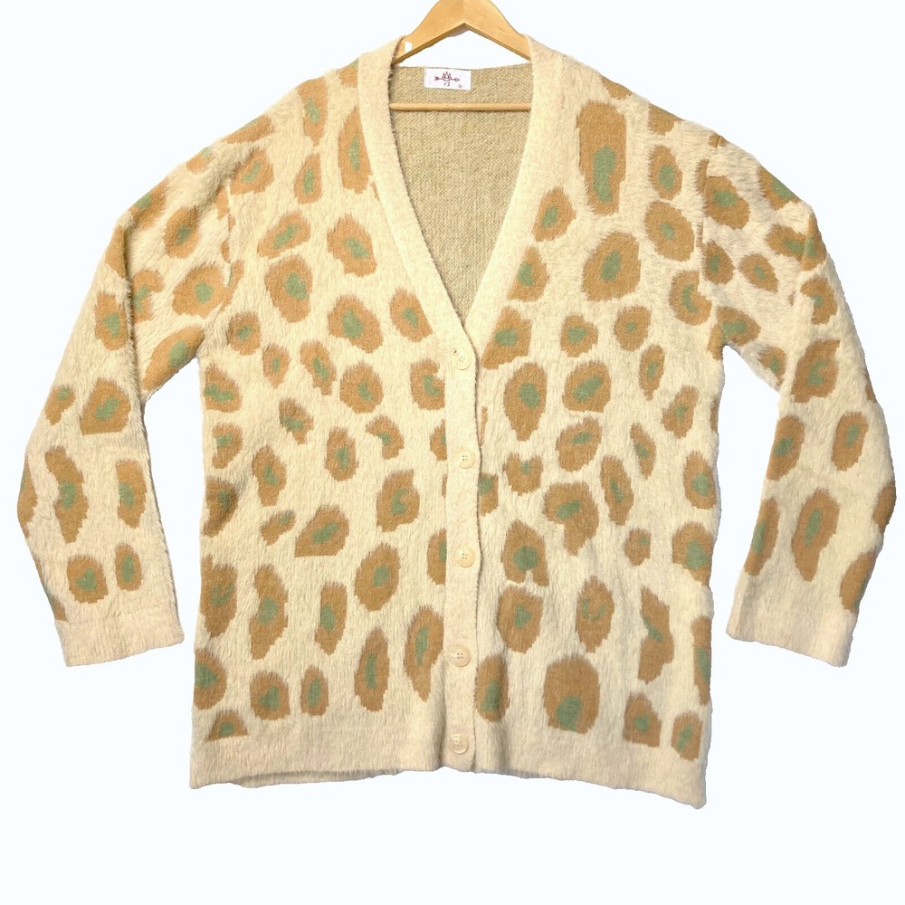R2 Giraffe Print Shaggy Cardigan Faux Fur Furry Sweater Beige Women 3XL 24W Plus